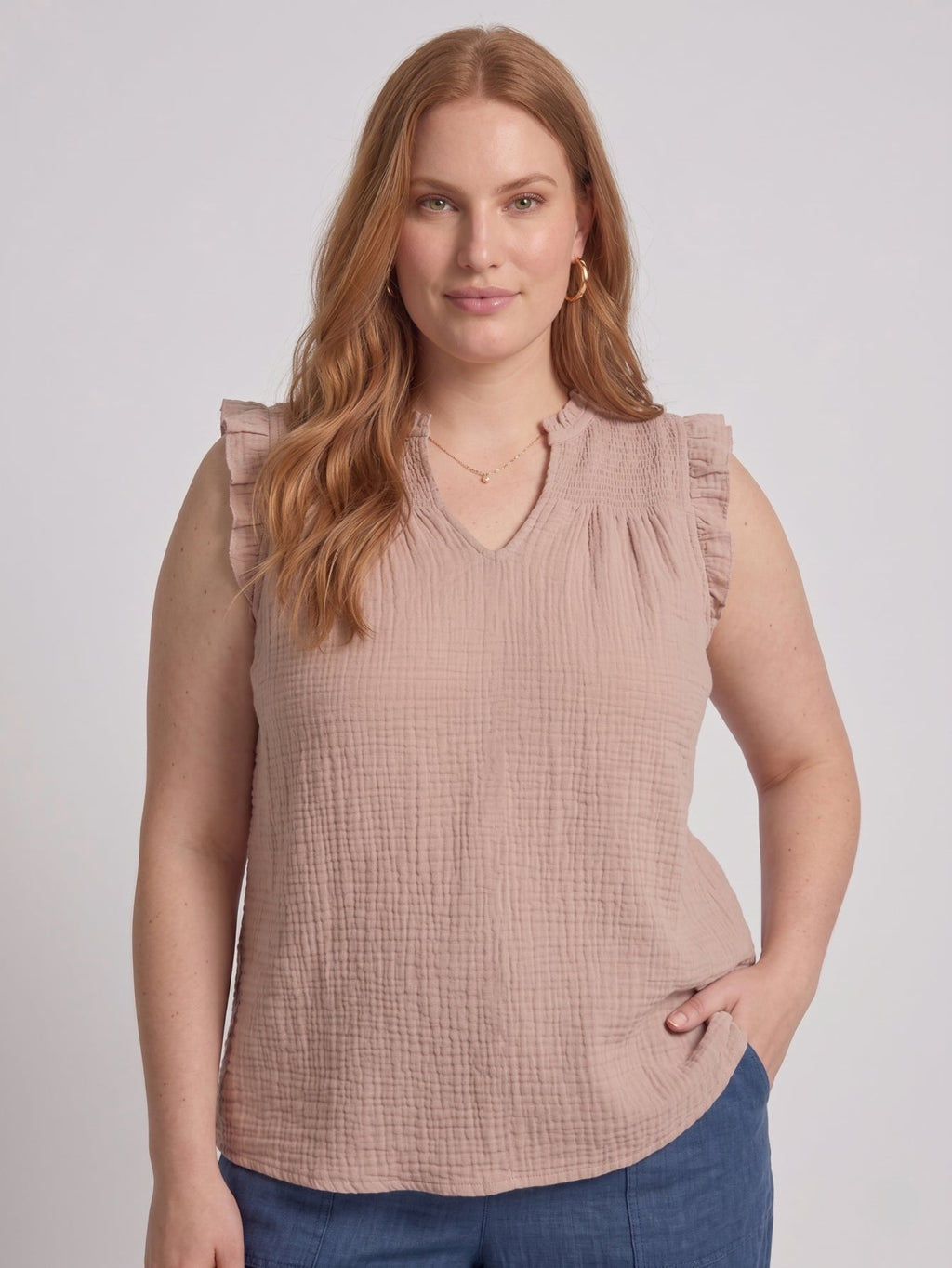 Larui Plus Size Women's Cotton Ruffles Sleeveless Top