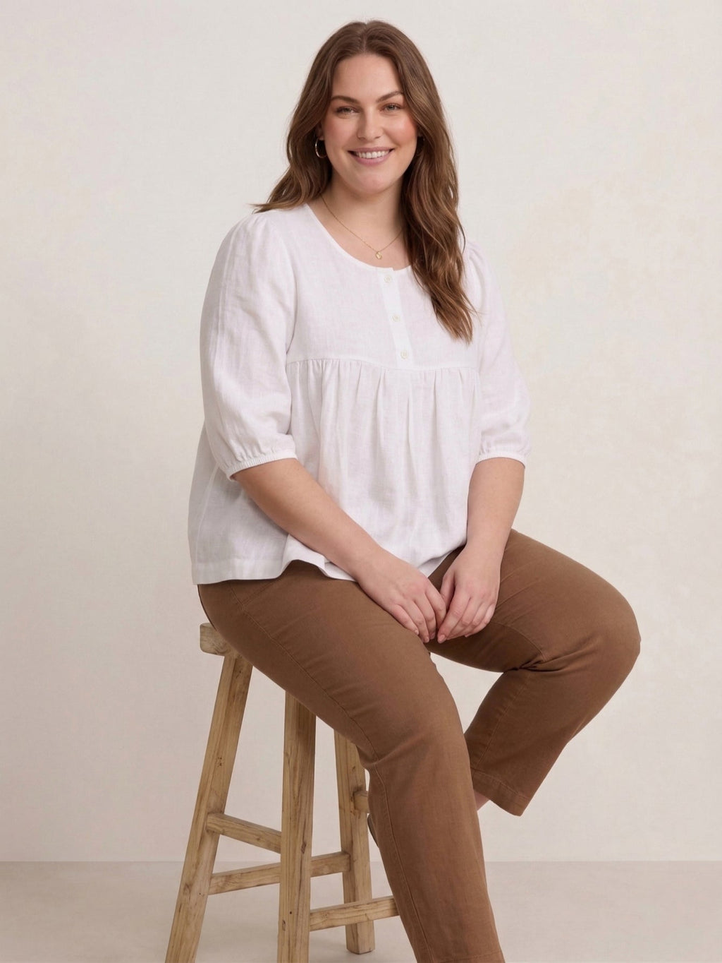 Larui Plus Size Women's Linen  Pleated 3/4 Sleeves Blouse