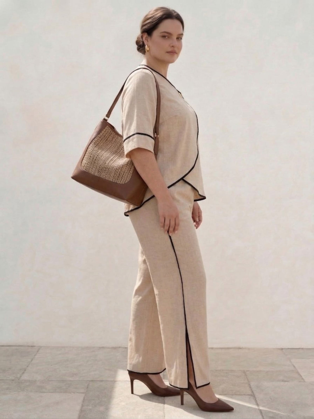 Larui Plus Size Women's Linen Blouse and Pants 2Pcs Sets