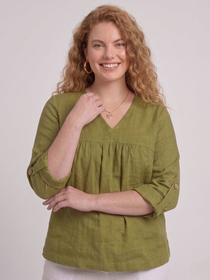 Larui Plus Size Women's Linen  V-Neck Pleated Blouse