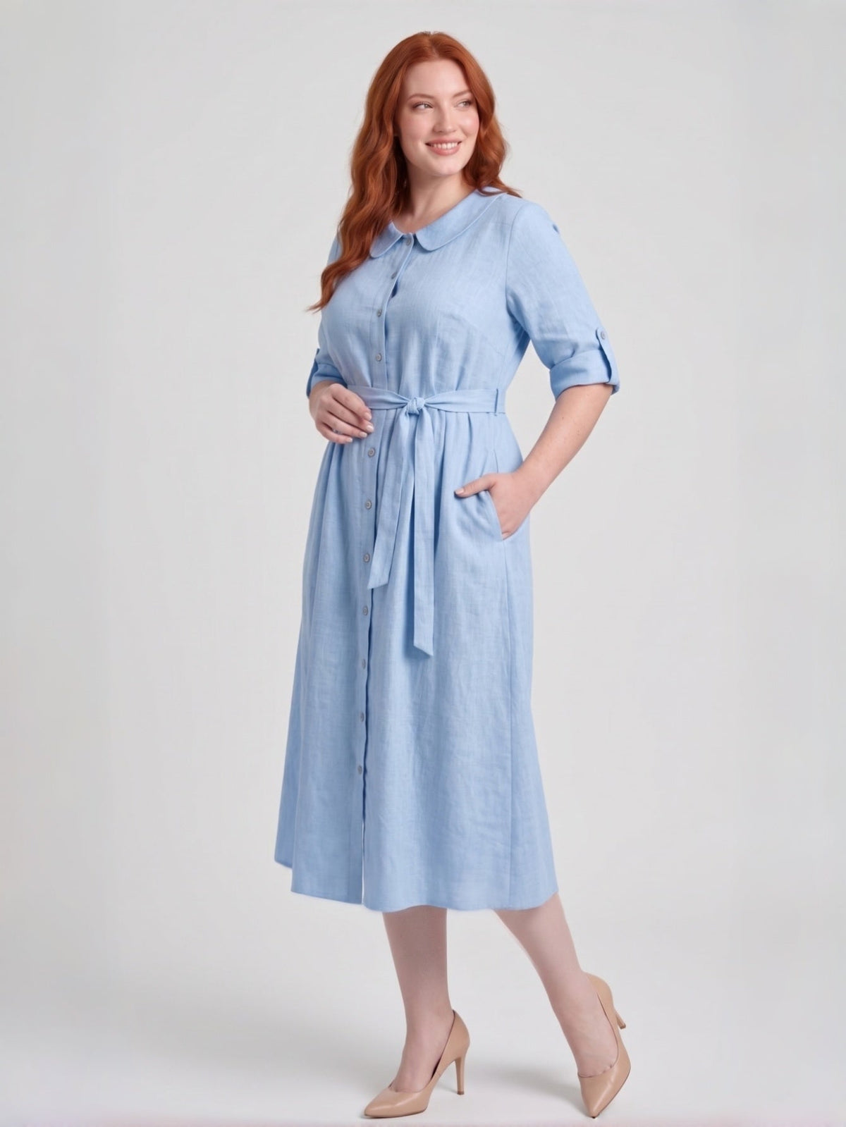 Larui Plus-Size Women's Linen Dress with Peter Pan Collar