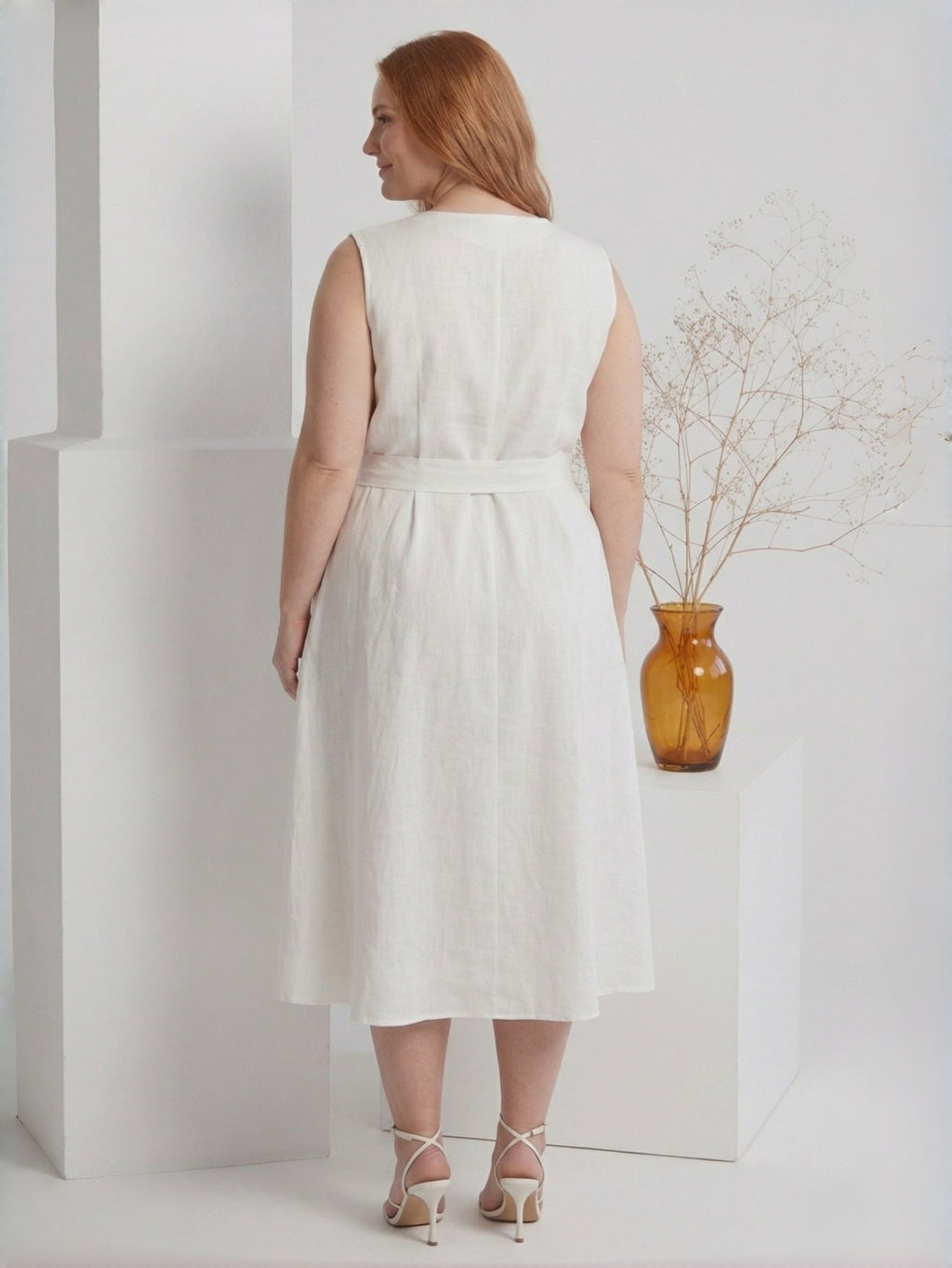 Larui Plus Size Women's Linen V-Neck Dress With Belted