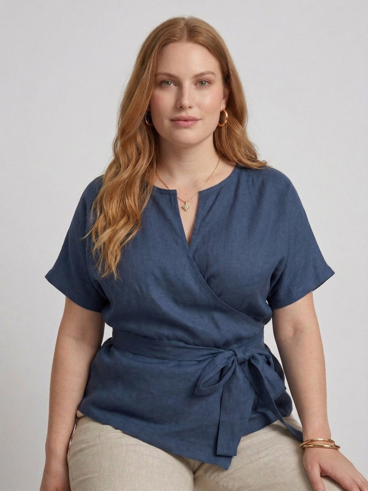 Larui Plus Size Women's Linen Short Sleeves Blouse With Belted