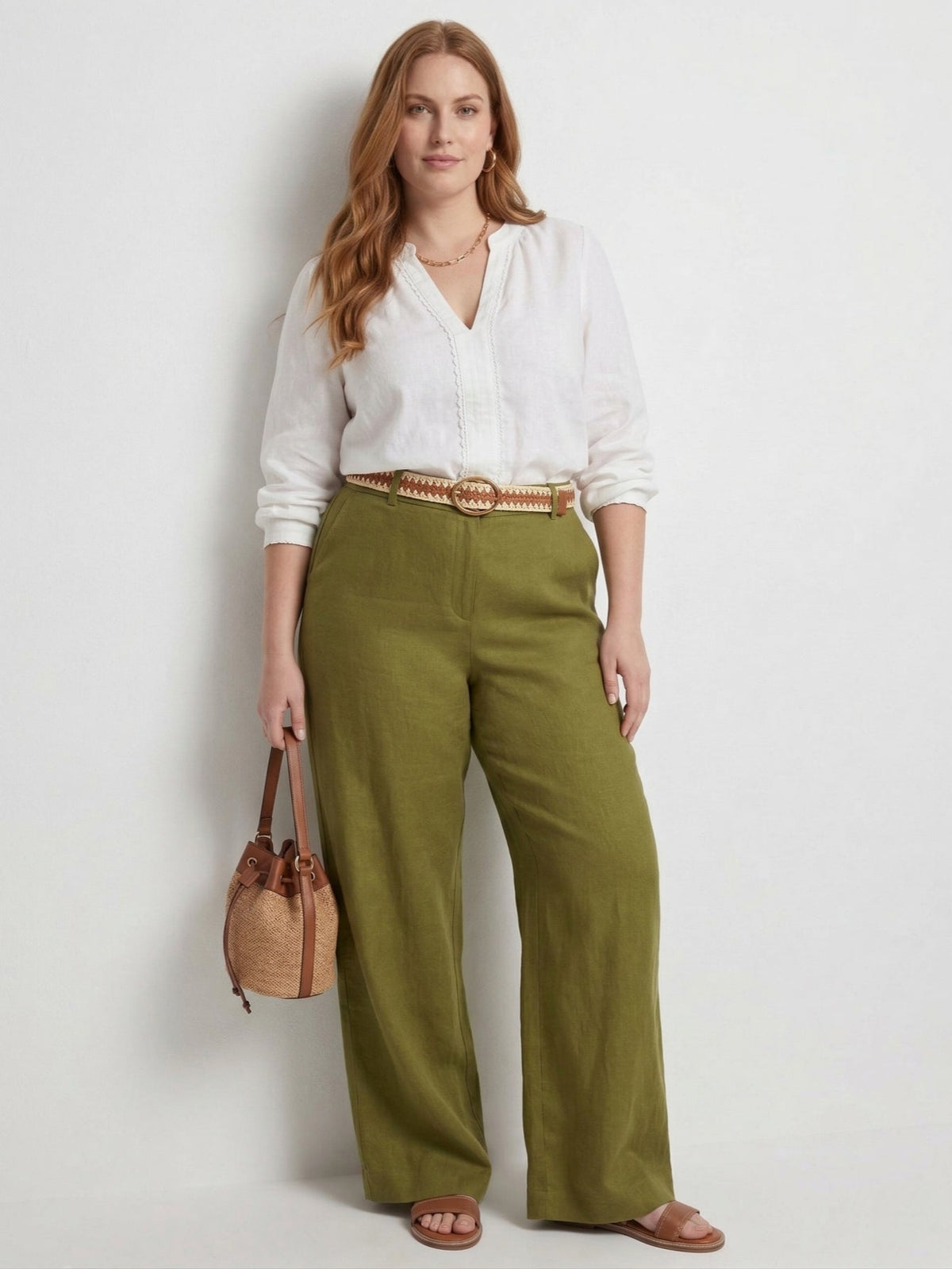 Larui Plus Size Women's Linen Pocket Full Length Pants