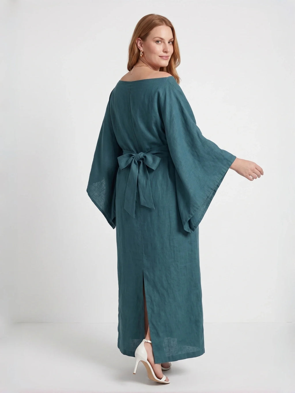Larui Plus Size Women's Elegant Tie-Up Linen Dress