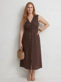 Larui Plus Size Women's Linen V-Neck Buttons Dress