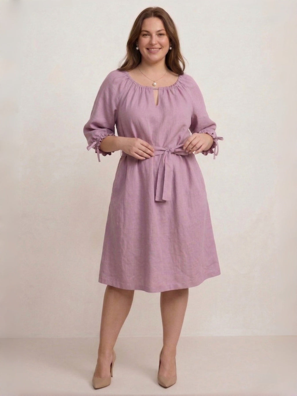 Larui Plus Size Women's Linen 3/4 Sleeves Dress With Belted