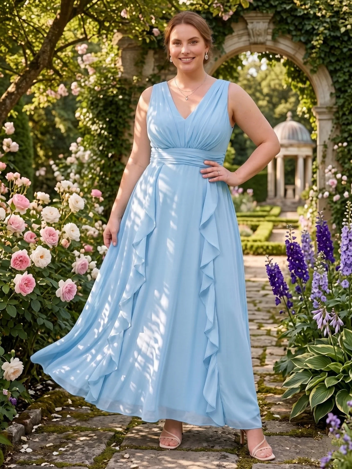 Larui Plus-Size Women's Ruffled Chiffon Dress
