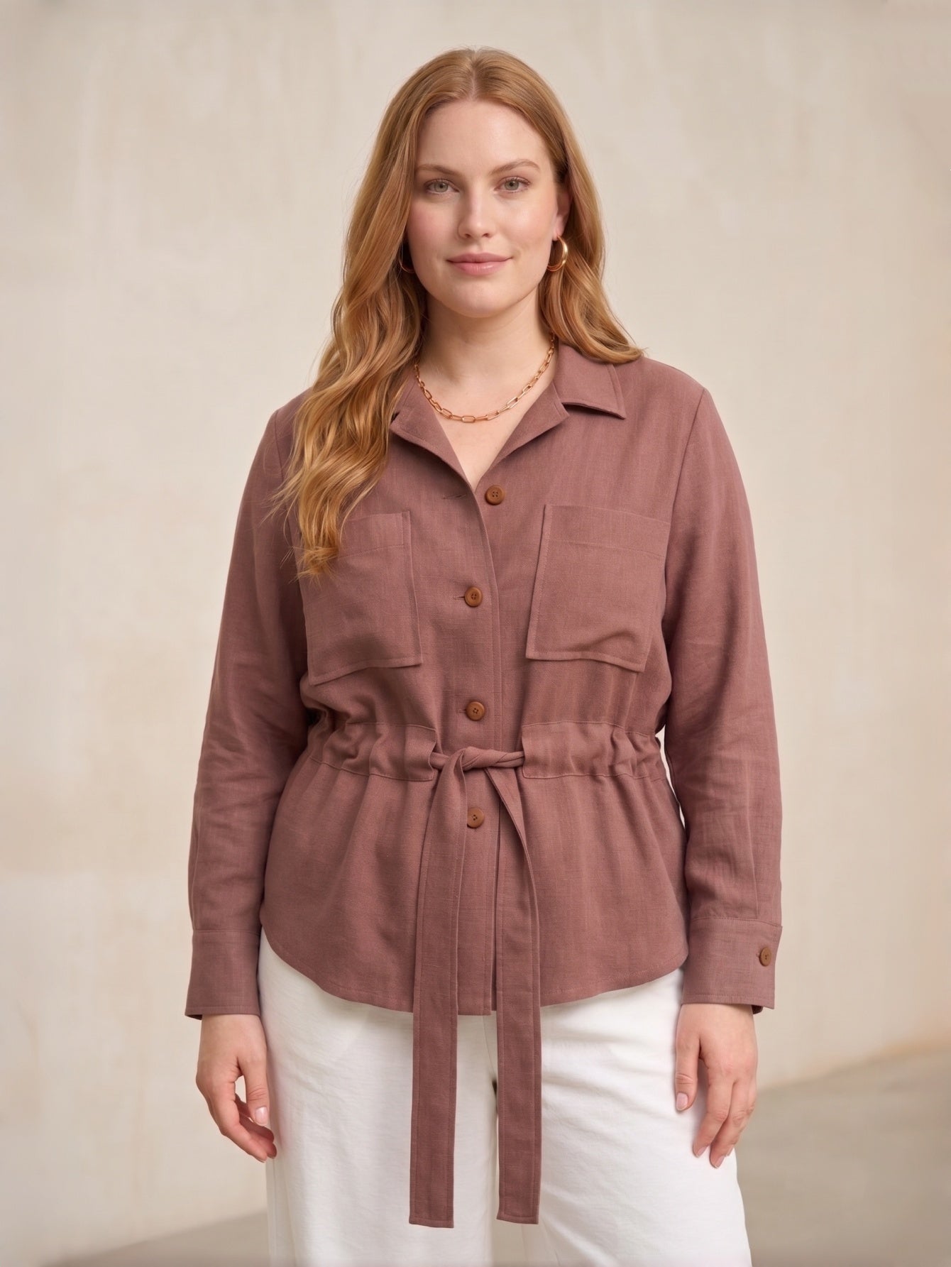 Larui Plus Size Women's Linen Pocket Belted Blouse