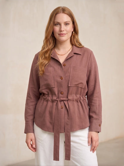 Larui Plus Size Women's Linen Pocket Belted Blouse