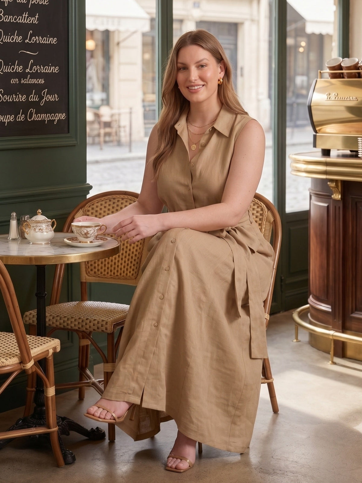 Larui Plus Size Women's Sleeveless Collared Linen Dress with Belt