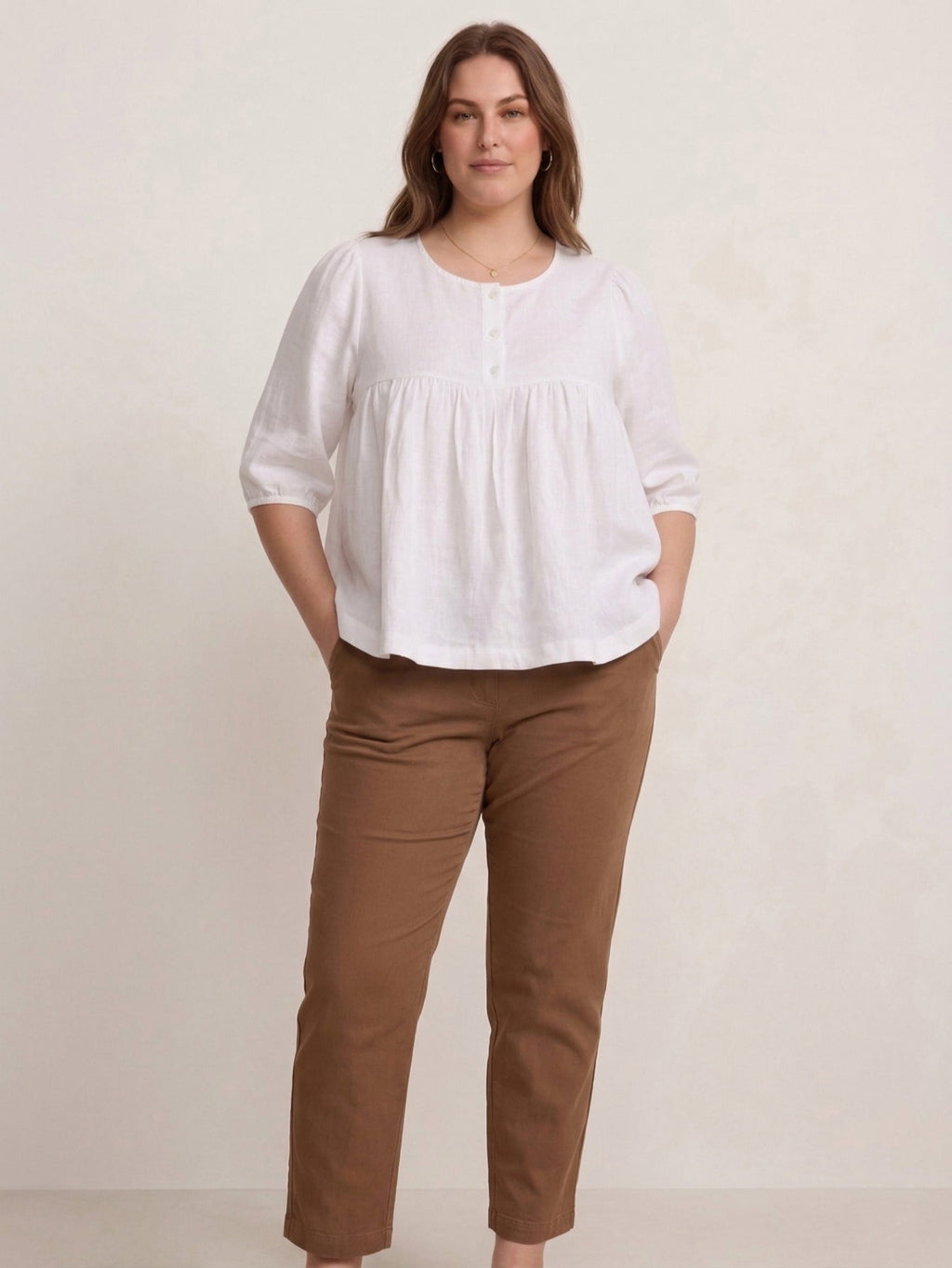 Larui Plus Size Women's Linen  Pleated 3/4 Sleeves Blouse