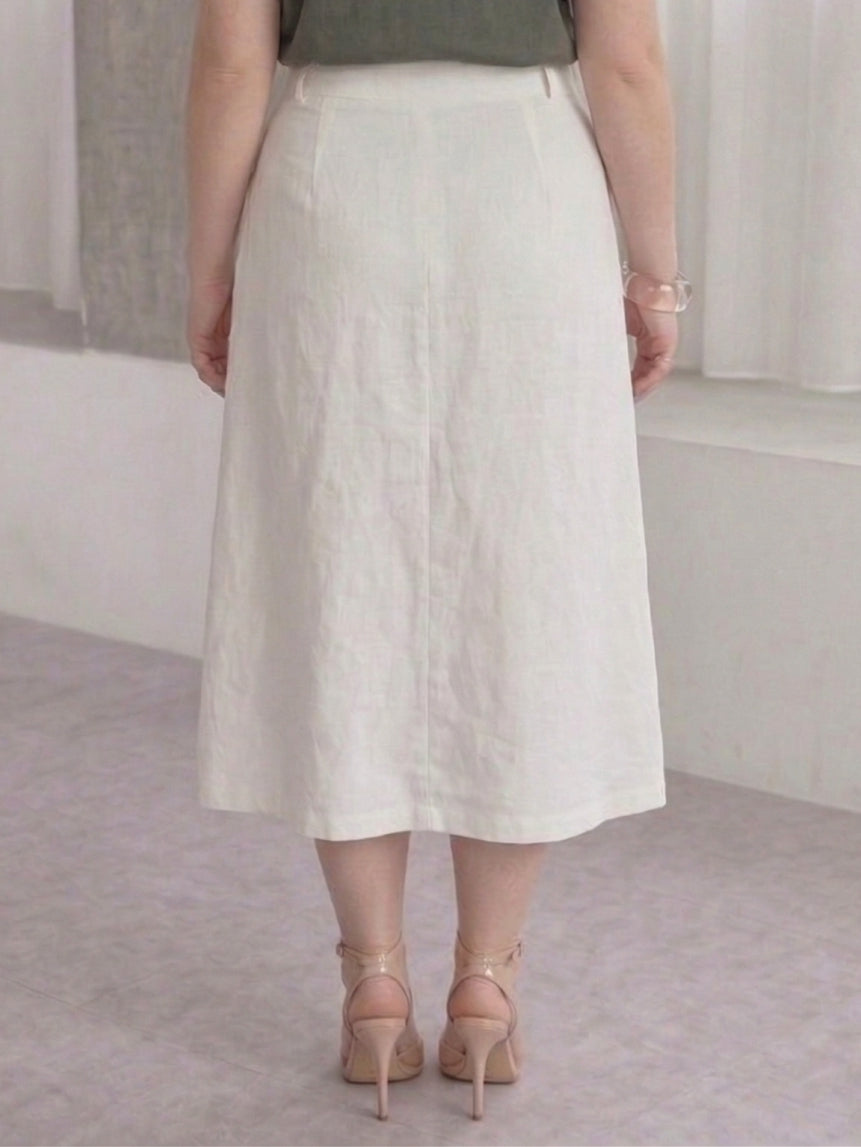 Larui Plus Size Women's Linen Pocket Midi Skirt