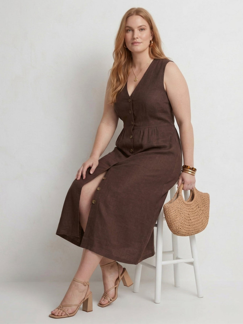 Larui Plus Size Women's Linen V-Neck Buttons Dress