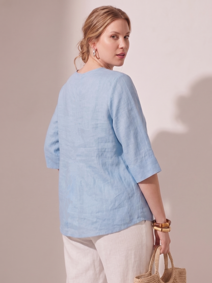 Larui Women's Plus-Size Linen V-Neck 3/4 Sleeve Top