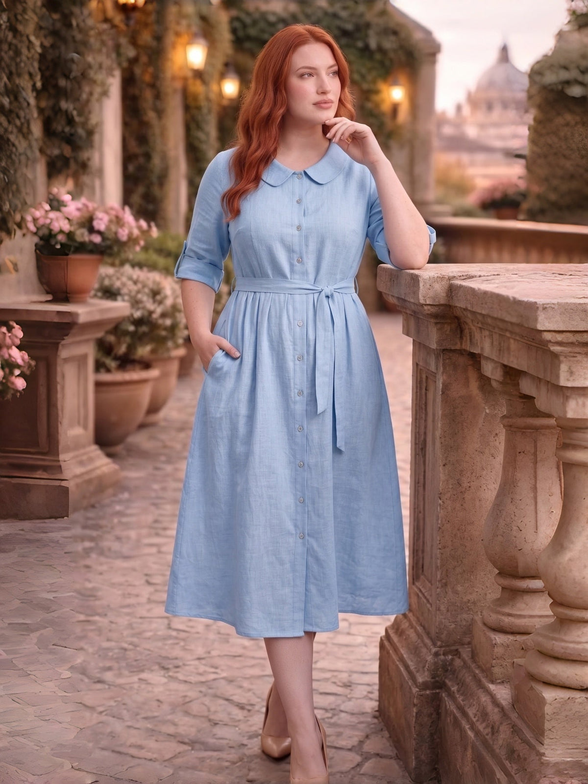 Larui Plus-Size Women's Linen Dress with Peter Pan Collar