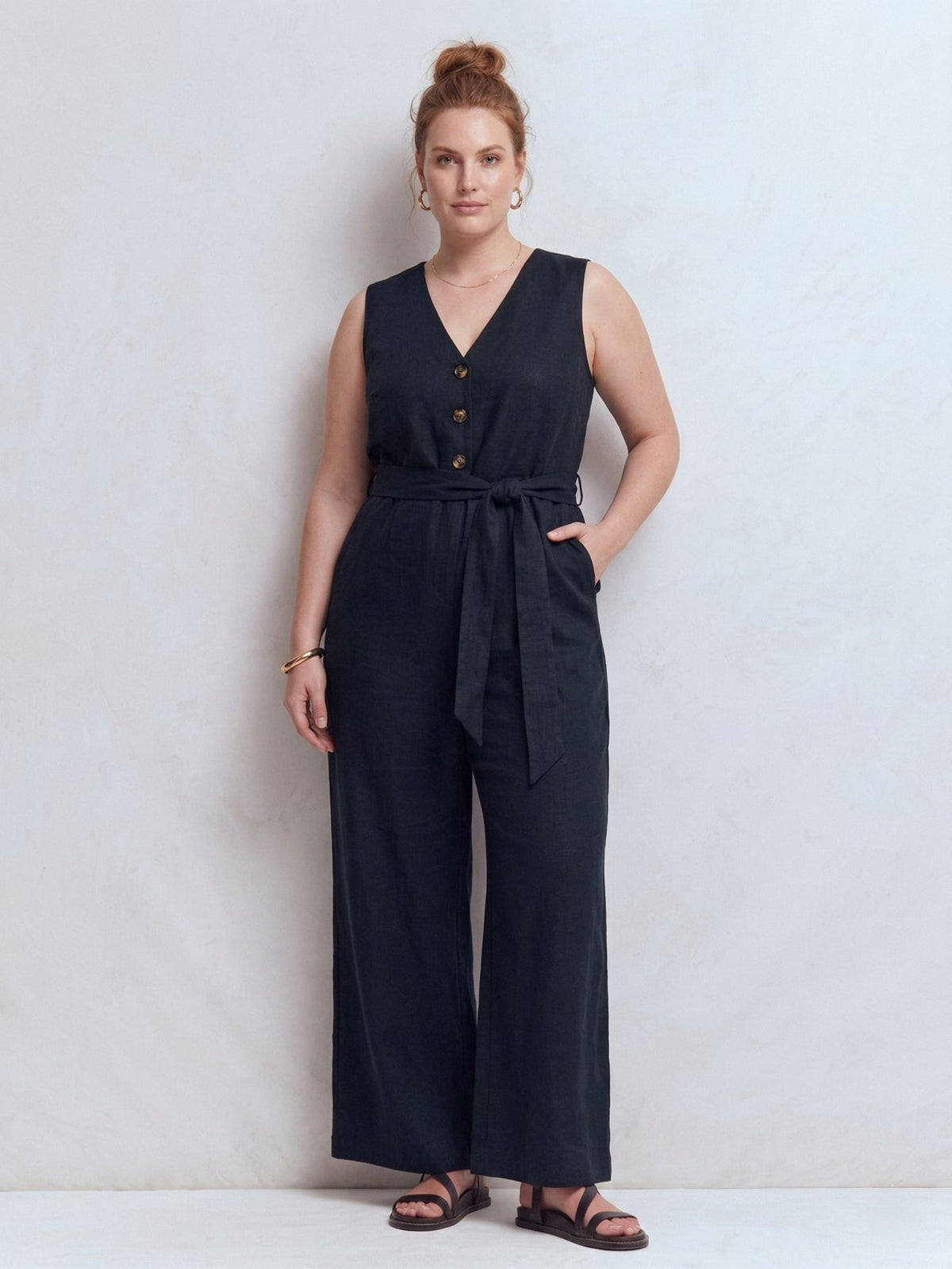 Plus Size Women's Linen Elegant Pocket Jumpsuit With Belted