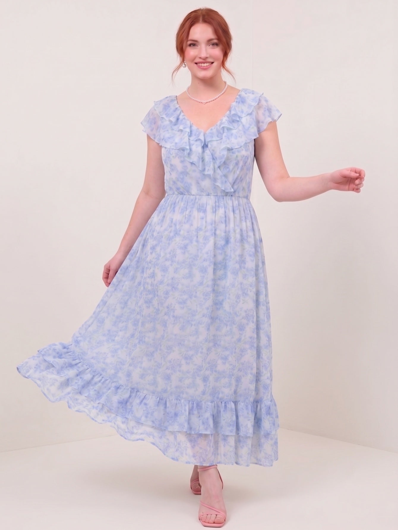 Larui Plus Size Women's  Elegant Blue Printed Dress