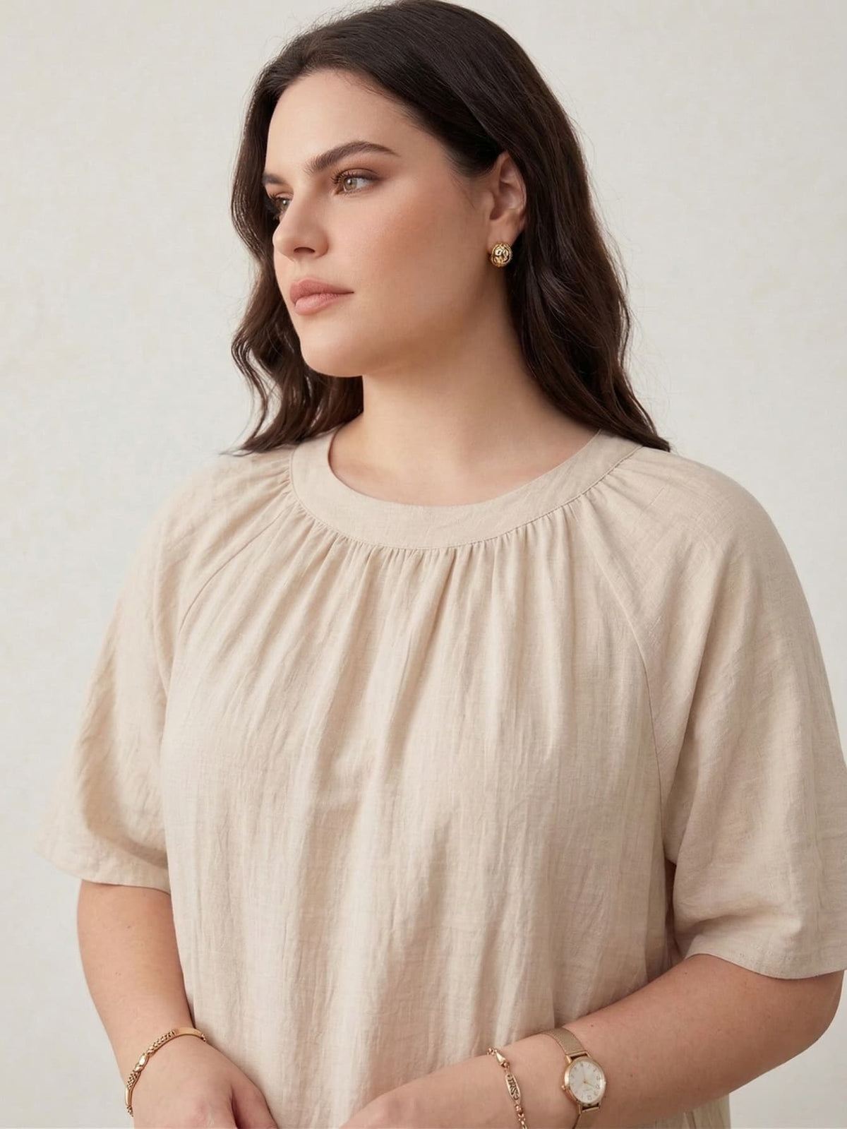 Larui Plus Size Women's Linen Short Sleeves Dress