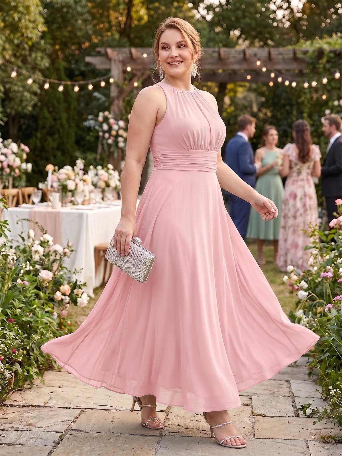 Larui Plus Size Elegant Pleated Chiffon Dress