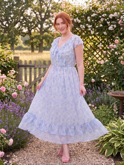 Larui Plus Size Women's  Elegant Blue Printed Dress