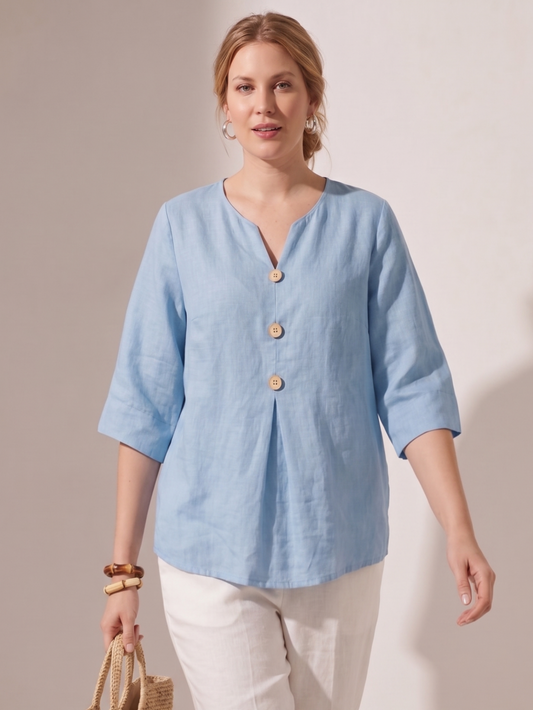 Larui Women's Plus-Size Linen V-Neck 3/4 Sleeve Top