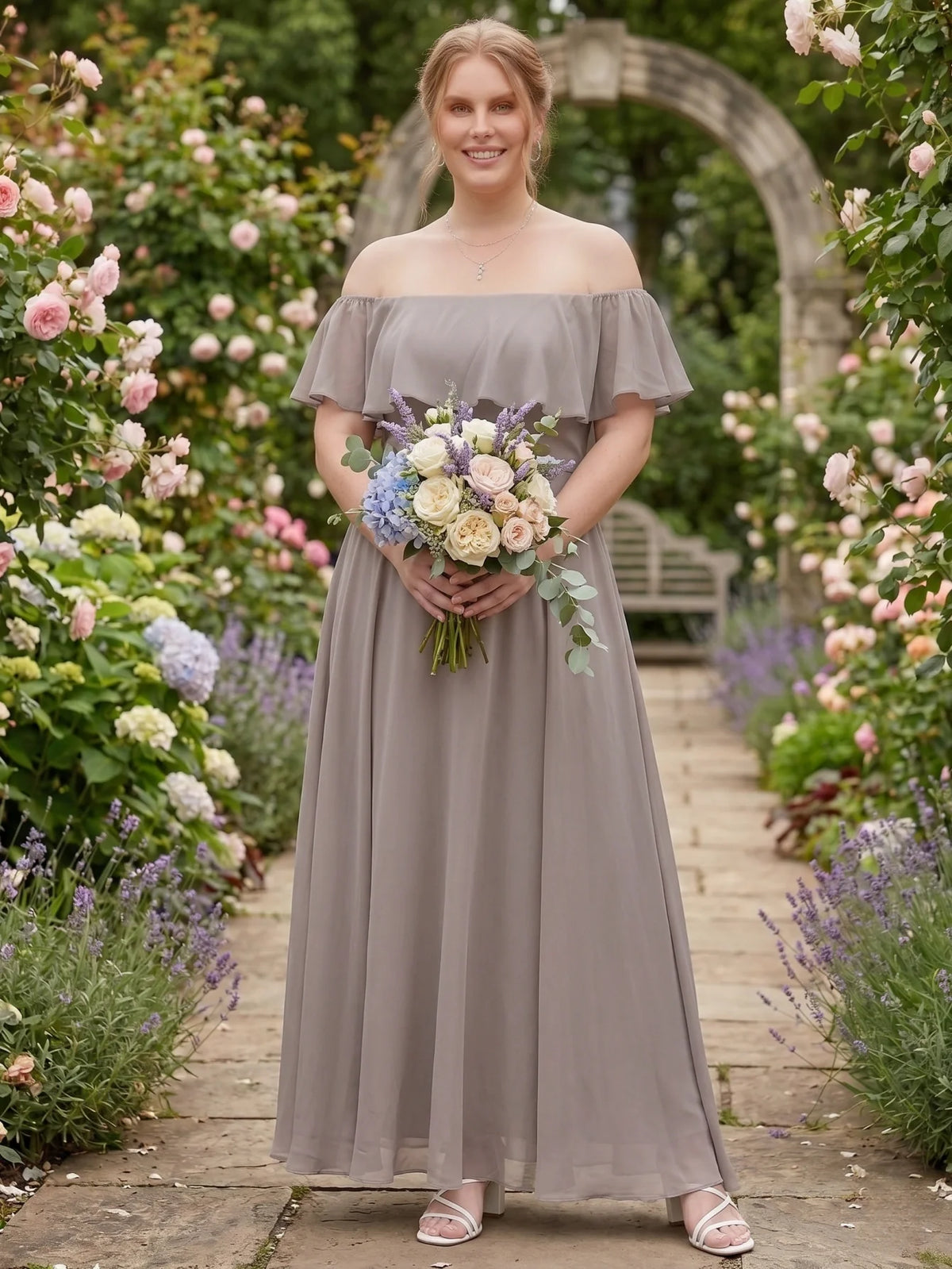 Larui Plus-Size Elegant Off-Shoulder Chiffon Dress