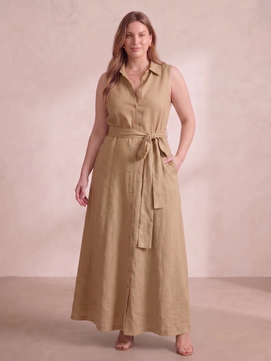 Larui Plus Size Women's Sleeveless Collared Linen Dress with Belt