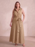 Larui Plus Size Women's Sleeveless Collared Linen Dress with Belt