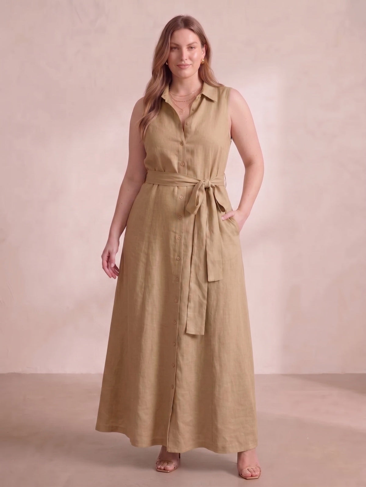 Larui Plus Size Women's Sleeveless Collared Linen Dress with Belt