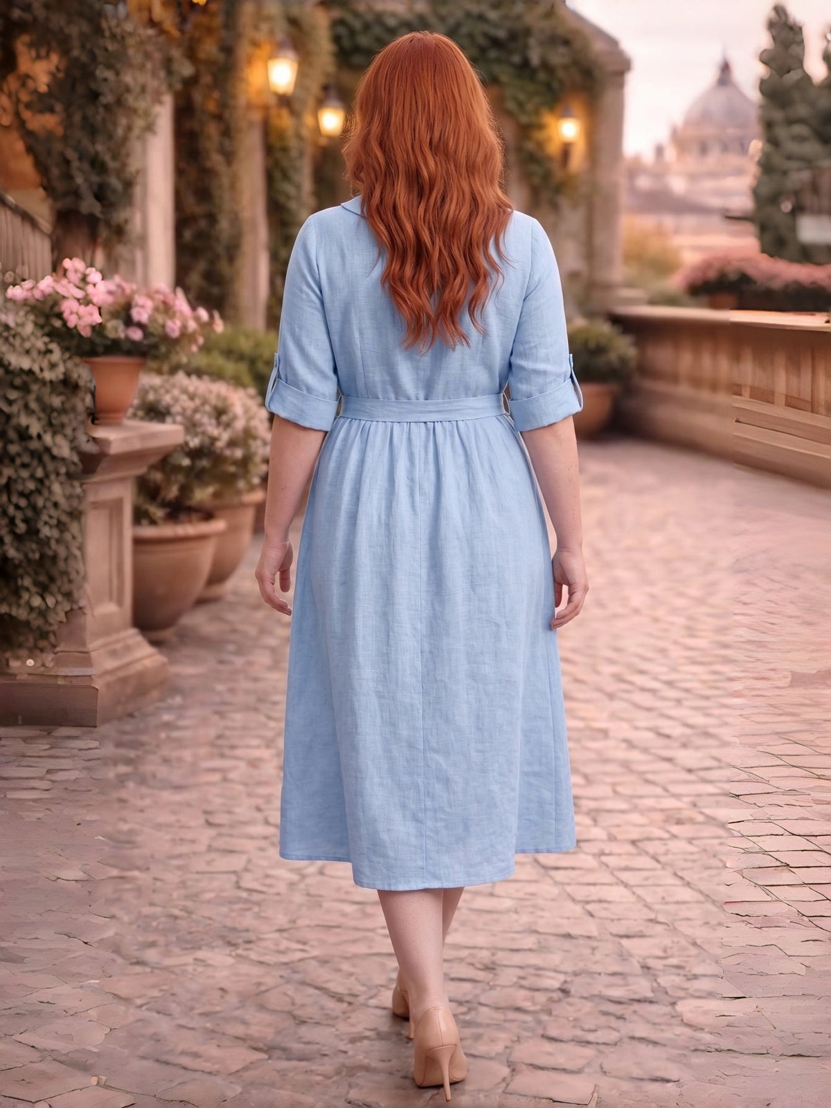 Larui Plus-Size Women's Linen Dress with Peter Pan Collar