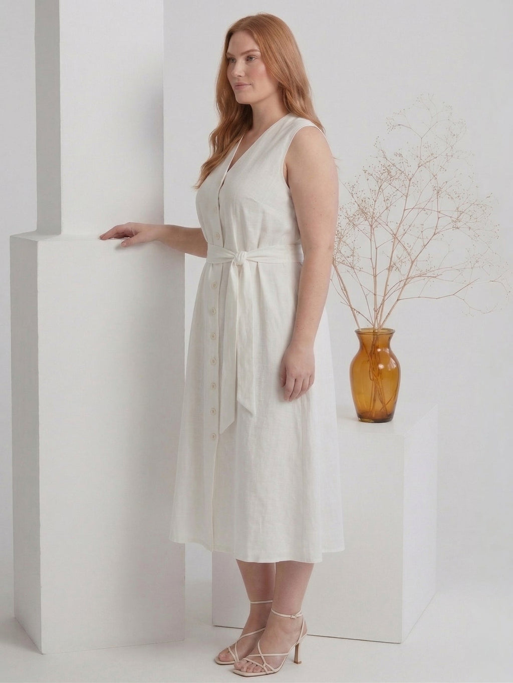 Larui Plus Size Women's Linen V-Neck Dress With Belted