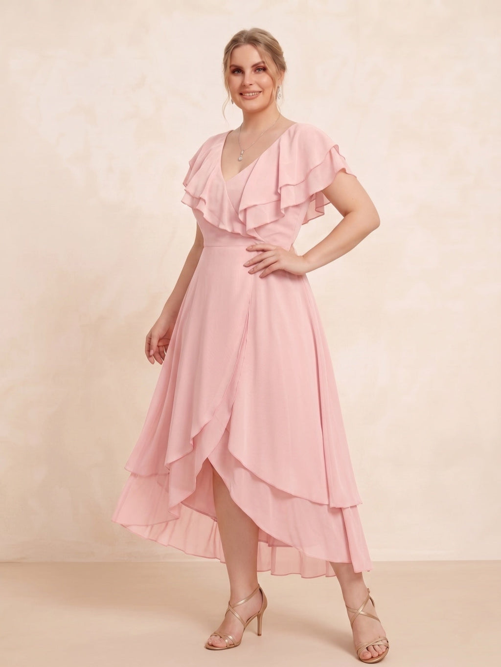 Larui Plus Size Women's Ruffle Sleeve Chiffon Dress