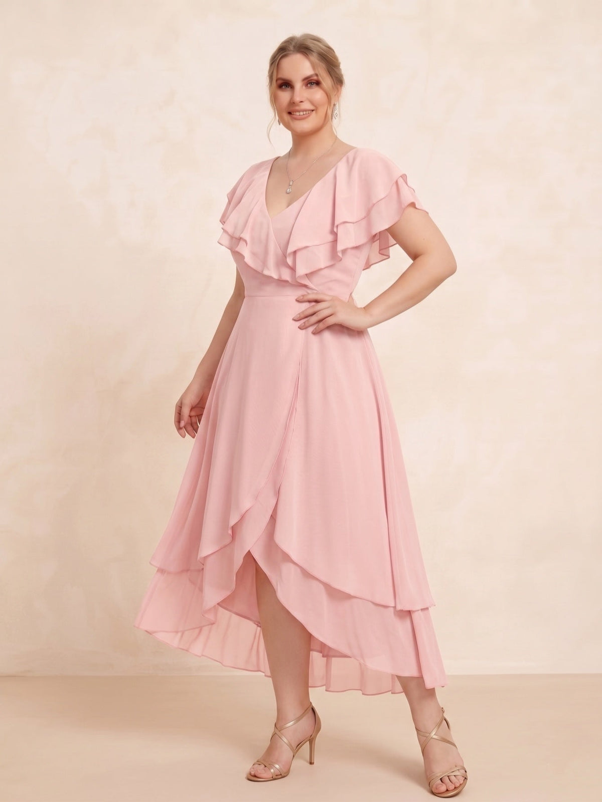 Larui Plus Size Women's Ruffle Sleeve Chiffon Dress