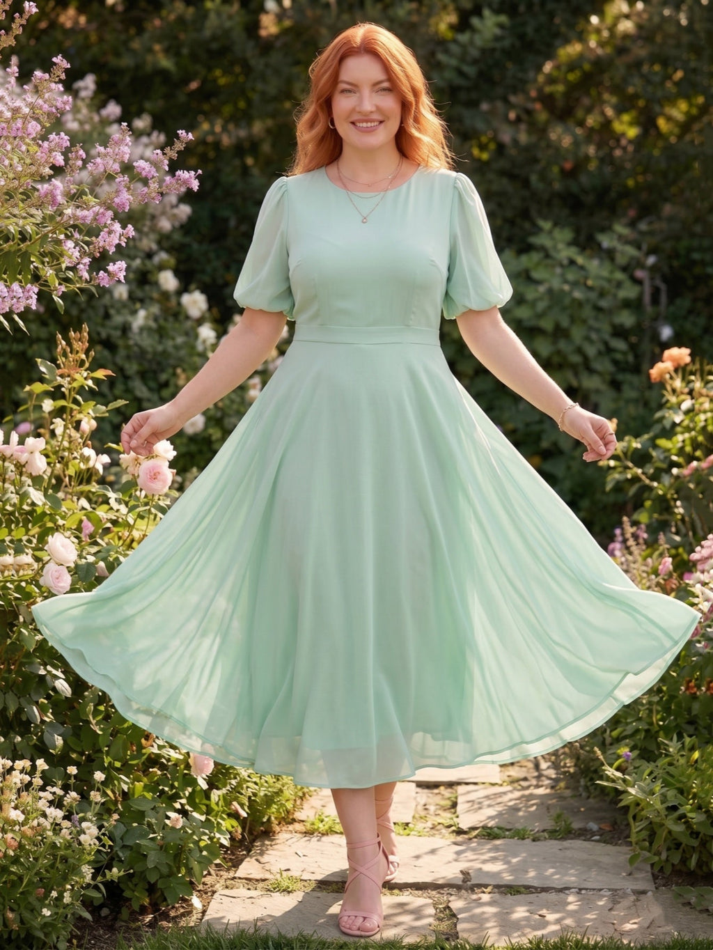 Larui Plus-Size Women's Puff-Sleeve Crew-Neck Dress