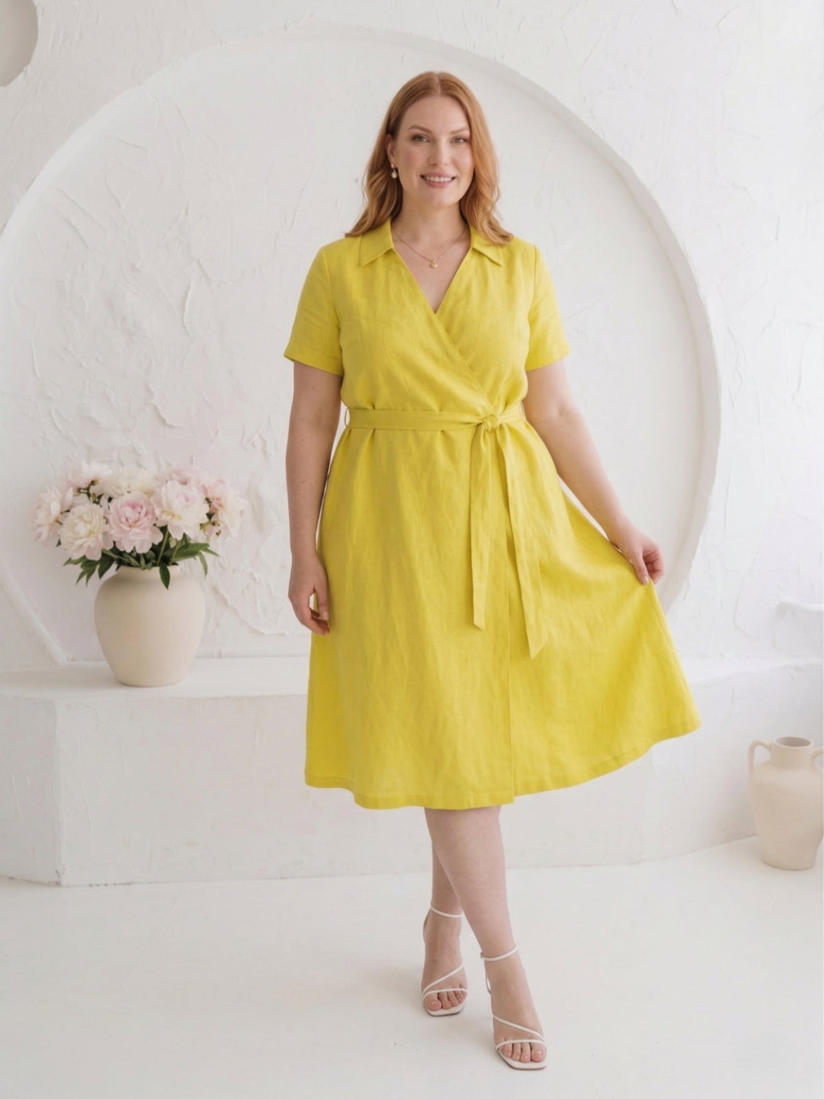 Larui Plus Size Women's Linen V-Neck Dress With Belted