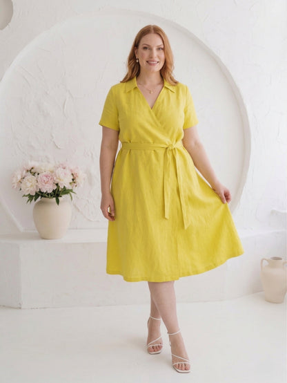 Larui Plus Size Women's Linen V-Neck Dress With Belted