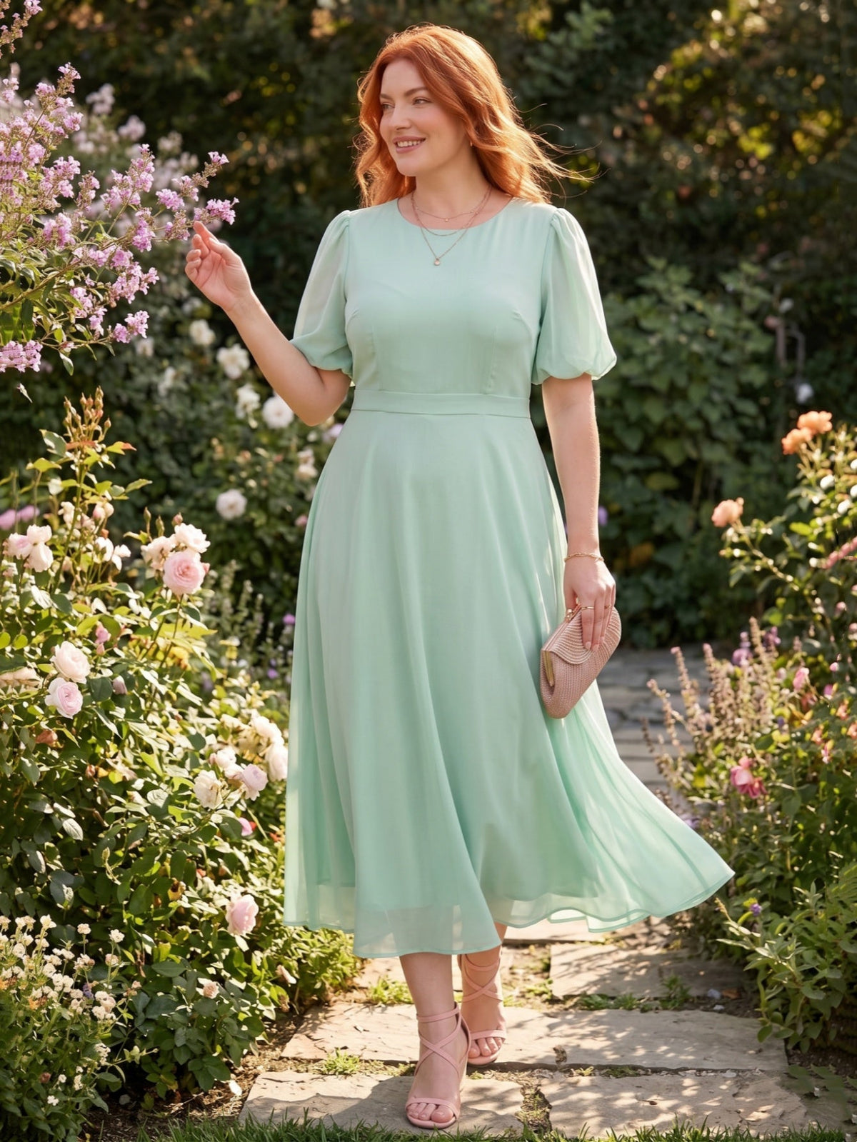 Larui Plus-Size Women's Puff-Sleeve Crew-Neck Dress