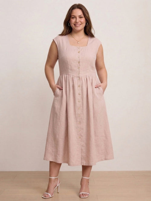 Larui Plus Size Women's Linen  Square Collar Buttons Dress