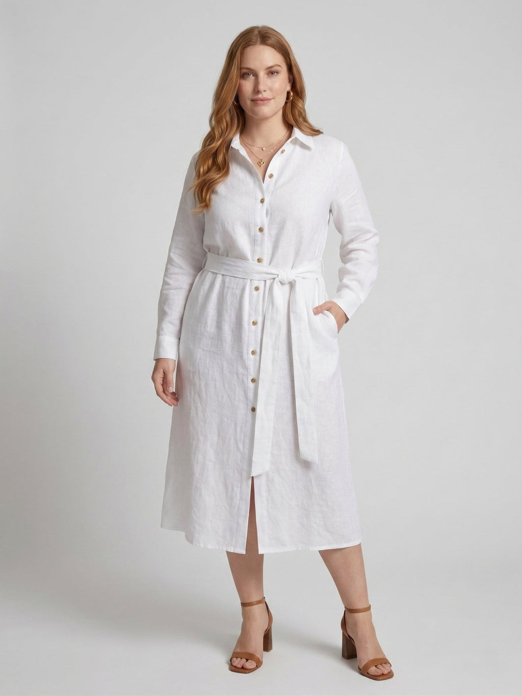 Larui Plus Size Women's Linen Shirt Dress With Belted