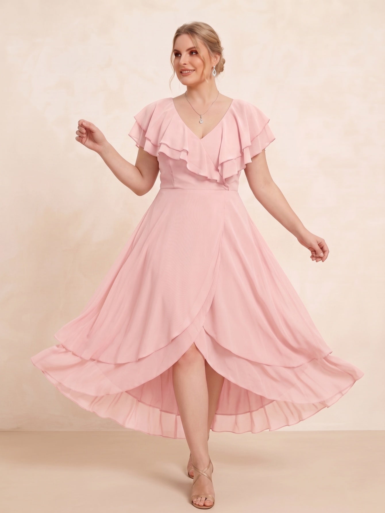 Larui Plus Size Women's Ruffle Sleeve Chiffon Dress