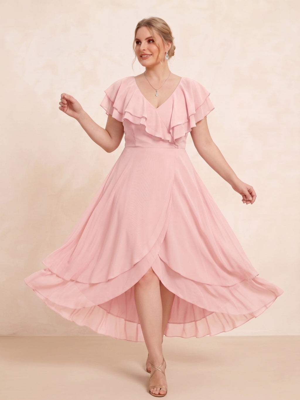 Larui Plus Size Women's Ruffle Sleeve Chiffon Dress