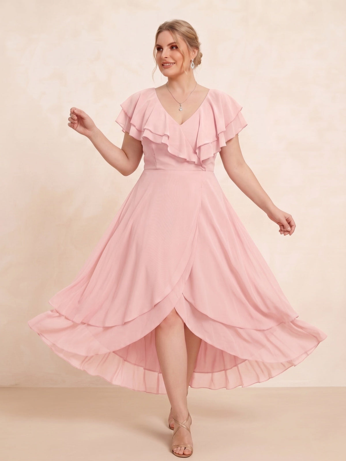 Larui Plus Size Women's Ruffle Sleeve Chiffon Dress