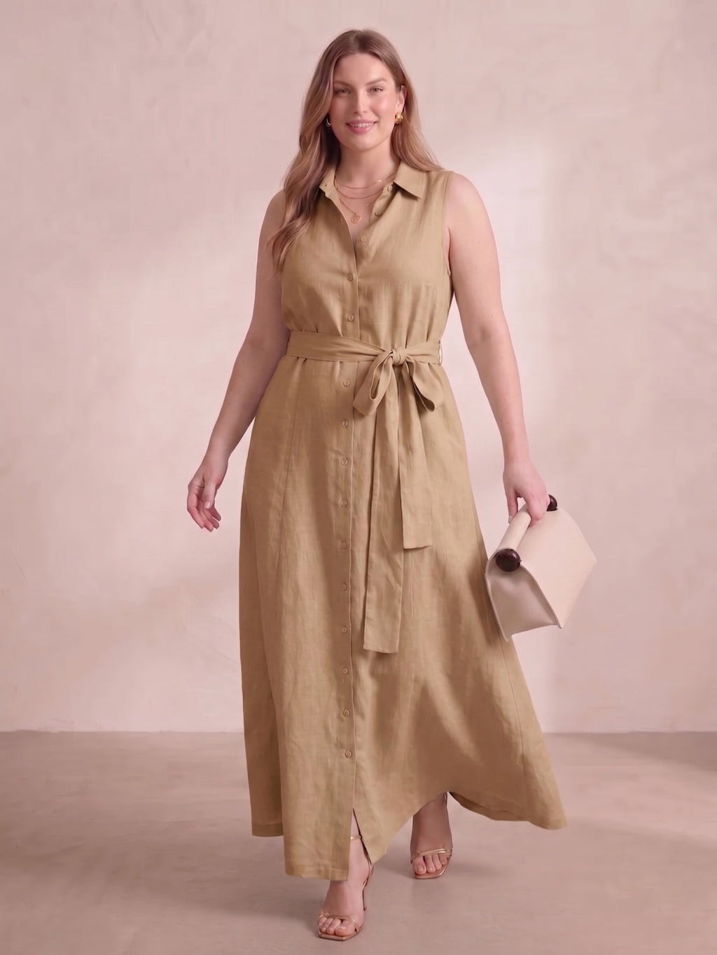 Larui Plus Size Women's Sleeveless Collared Linen Dress with Belt