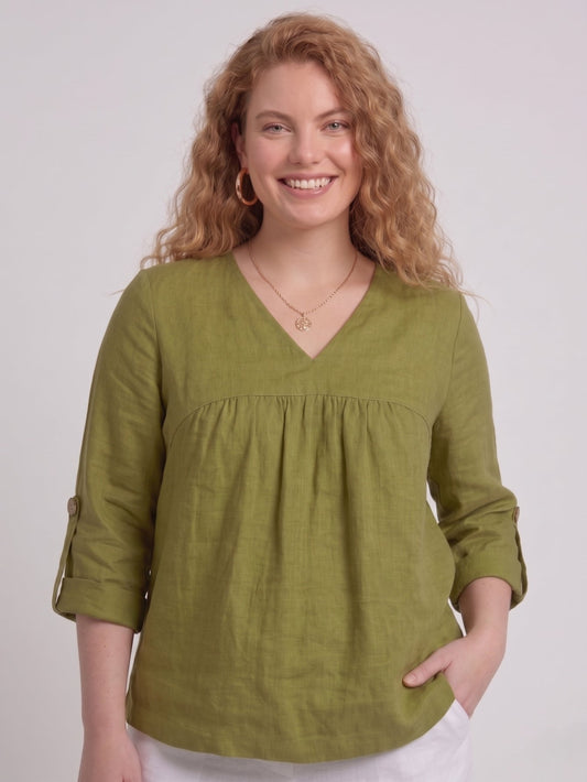 Larui Plus Size Women's Linen  V-Neck Pleated Blouse