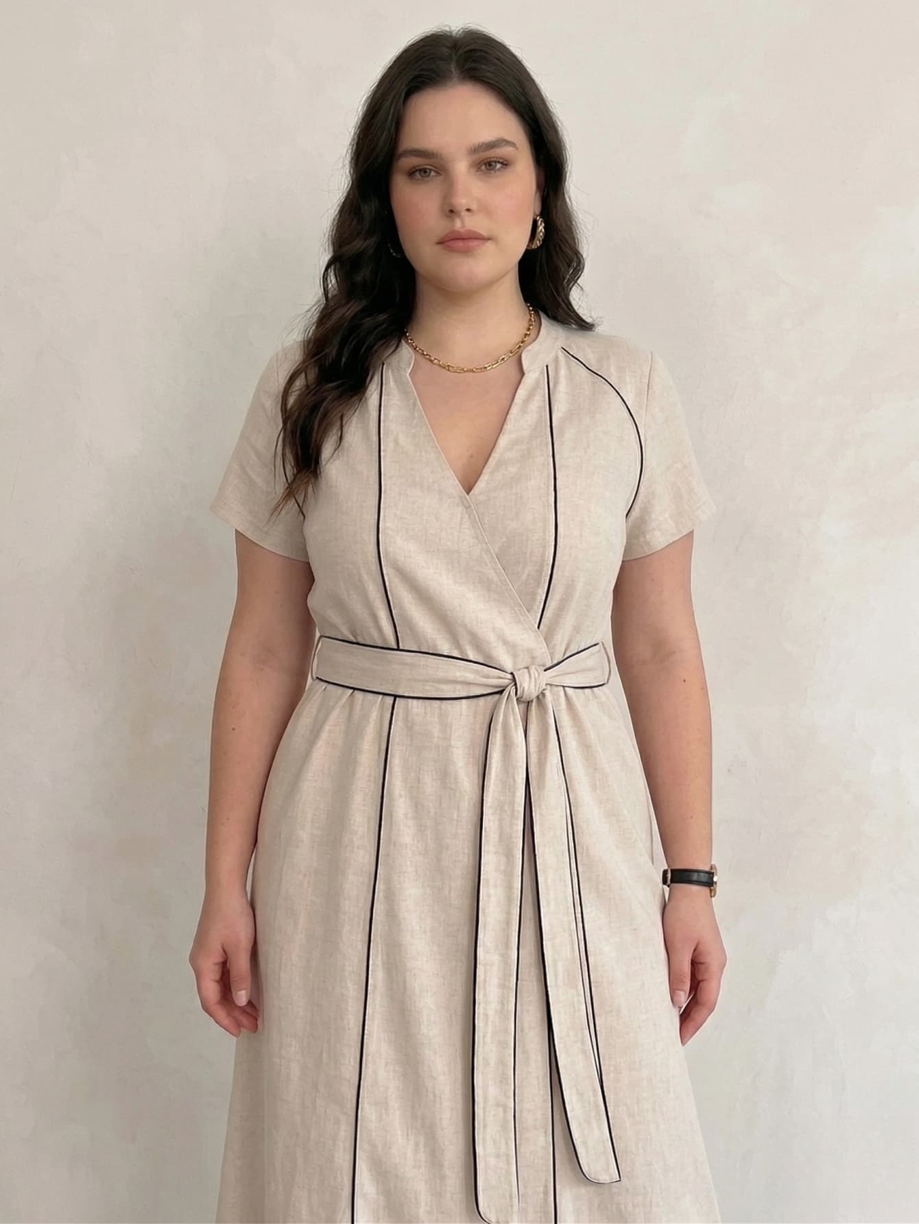 Larui Plus Size Women‘s Linen V Neck Dress With Belted