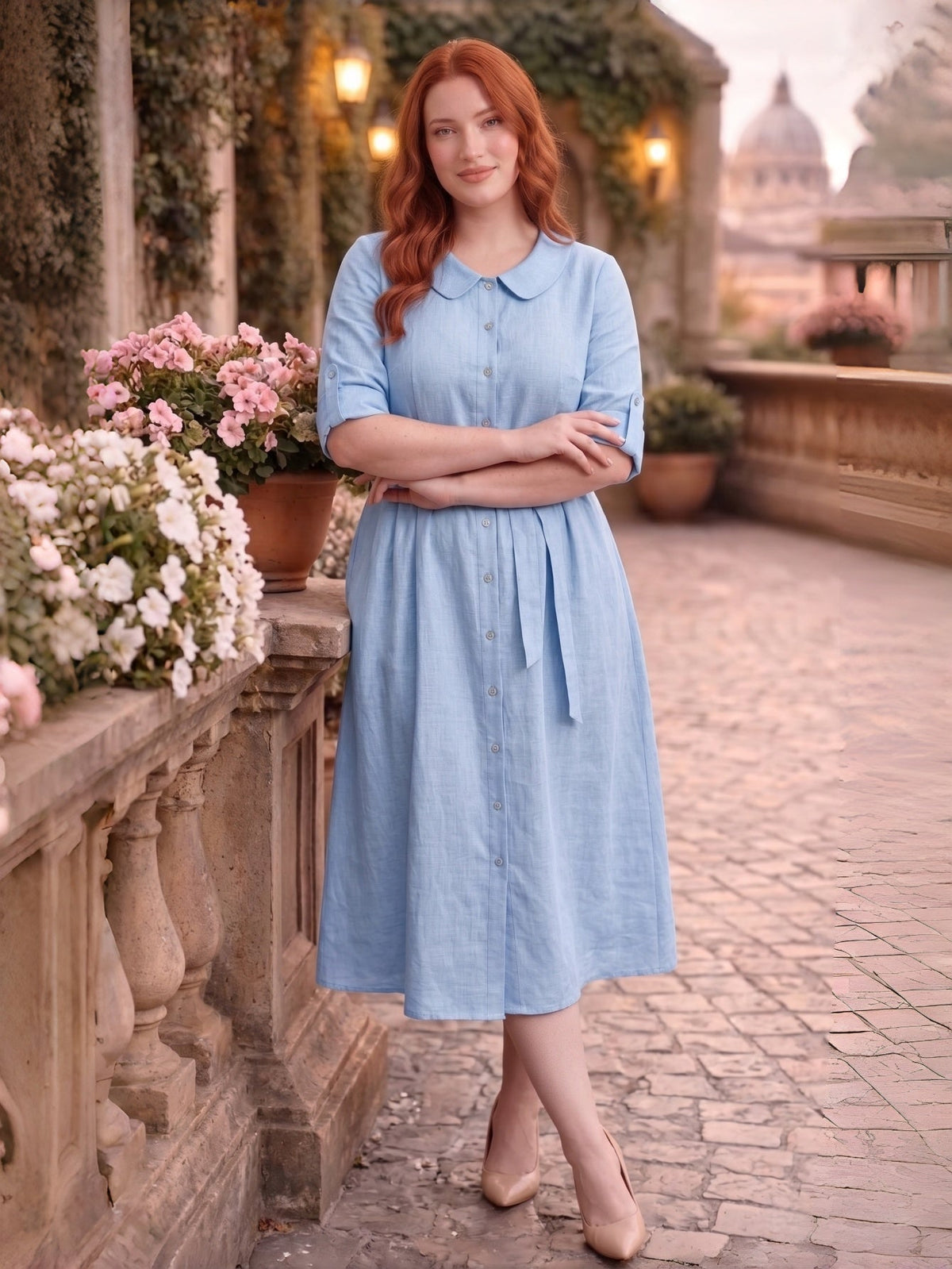 Larui Plus-Size Women's Linen Dress with Peter Pan Collar