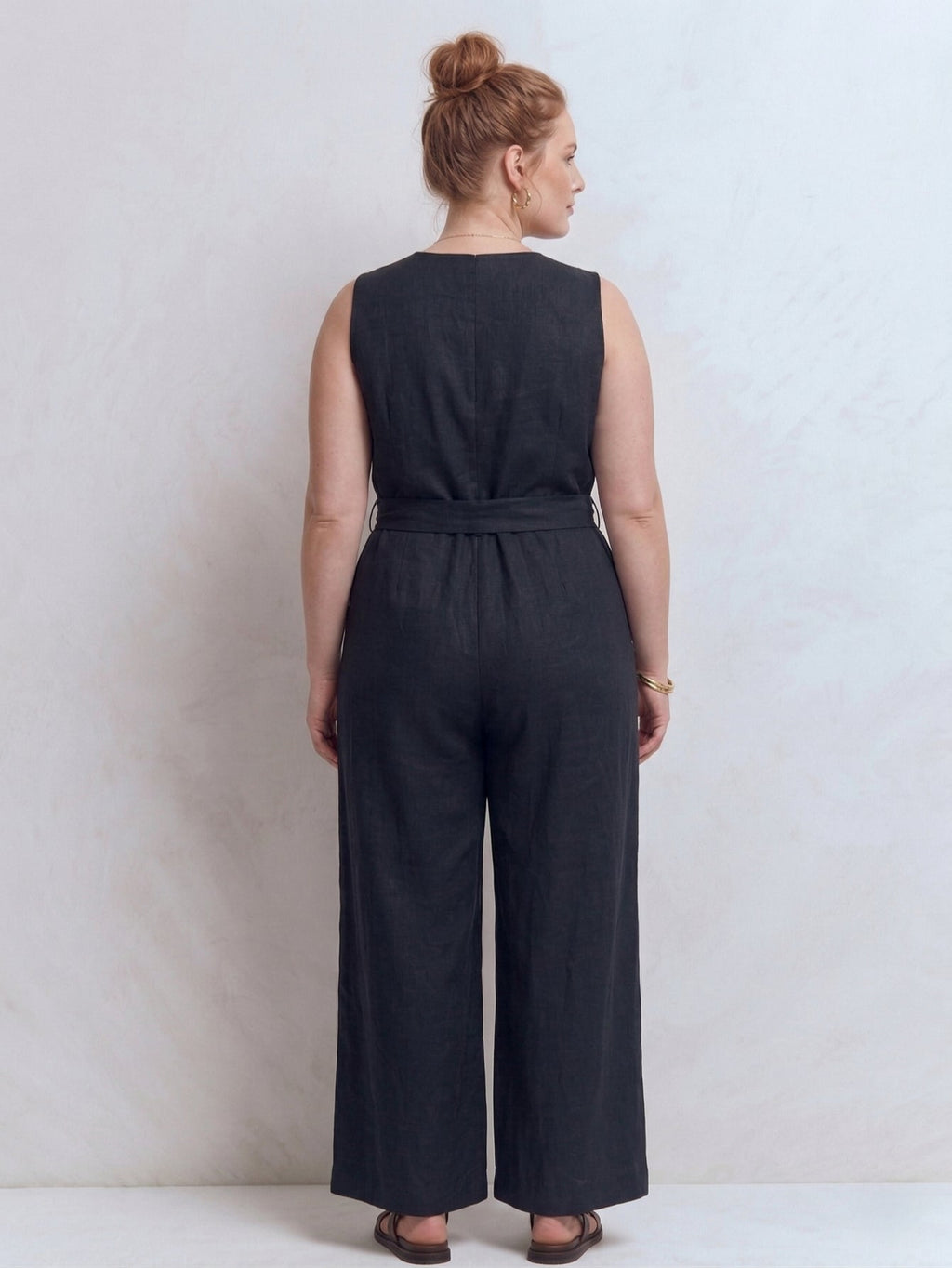 Plus Size Women's Linen Elegant Pocket Jumpsuit With Belted