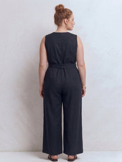 Plus Size Women's Linen Elegant Pocket Jumpsuit With Belted
