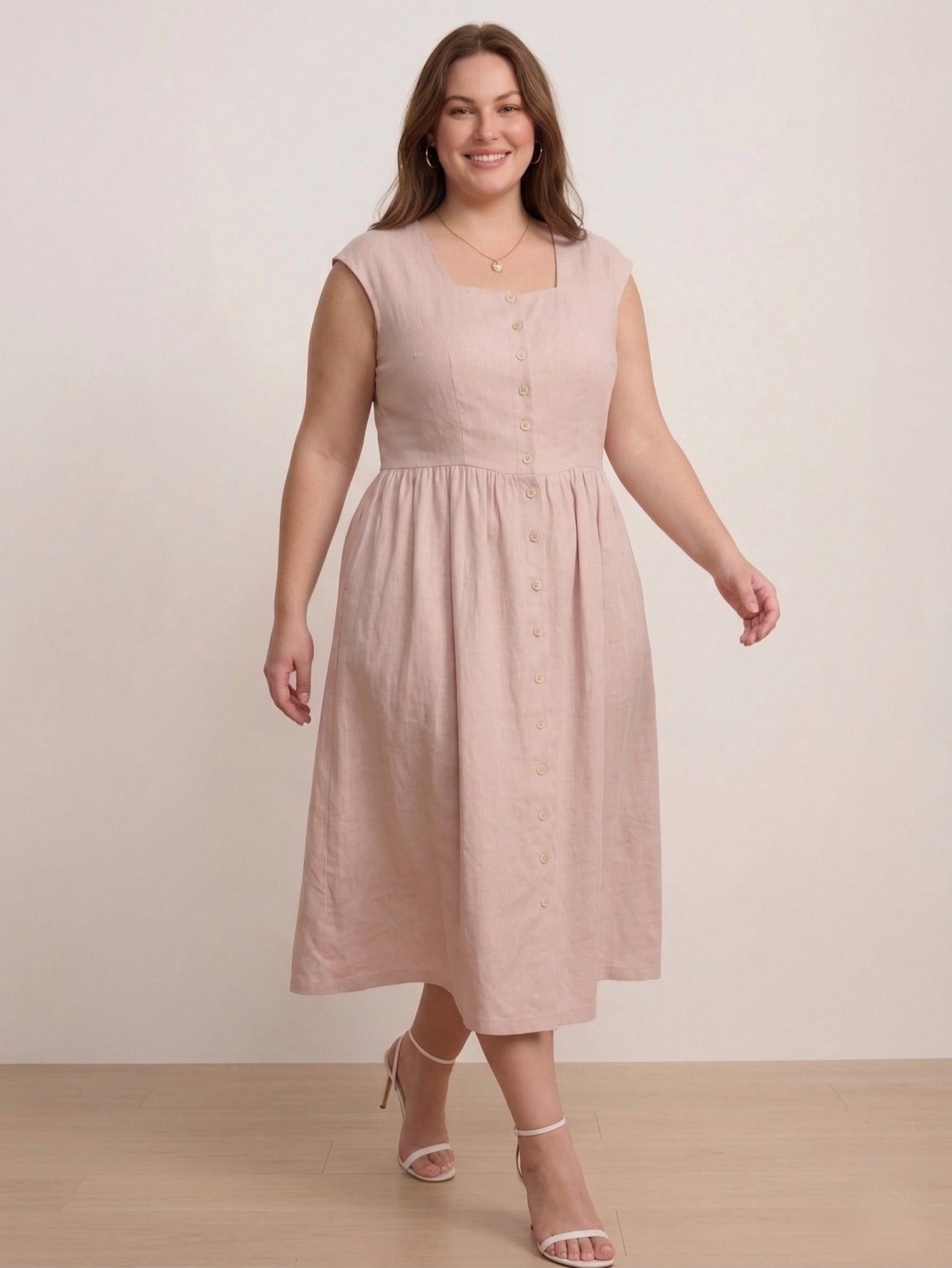 Larui Plus Size Women's Linen  Square Collar Buttons Dress